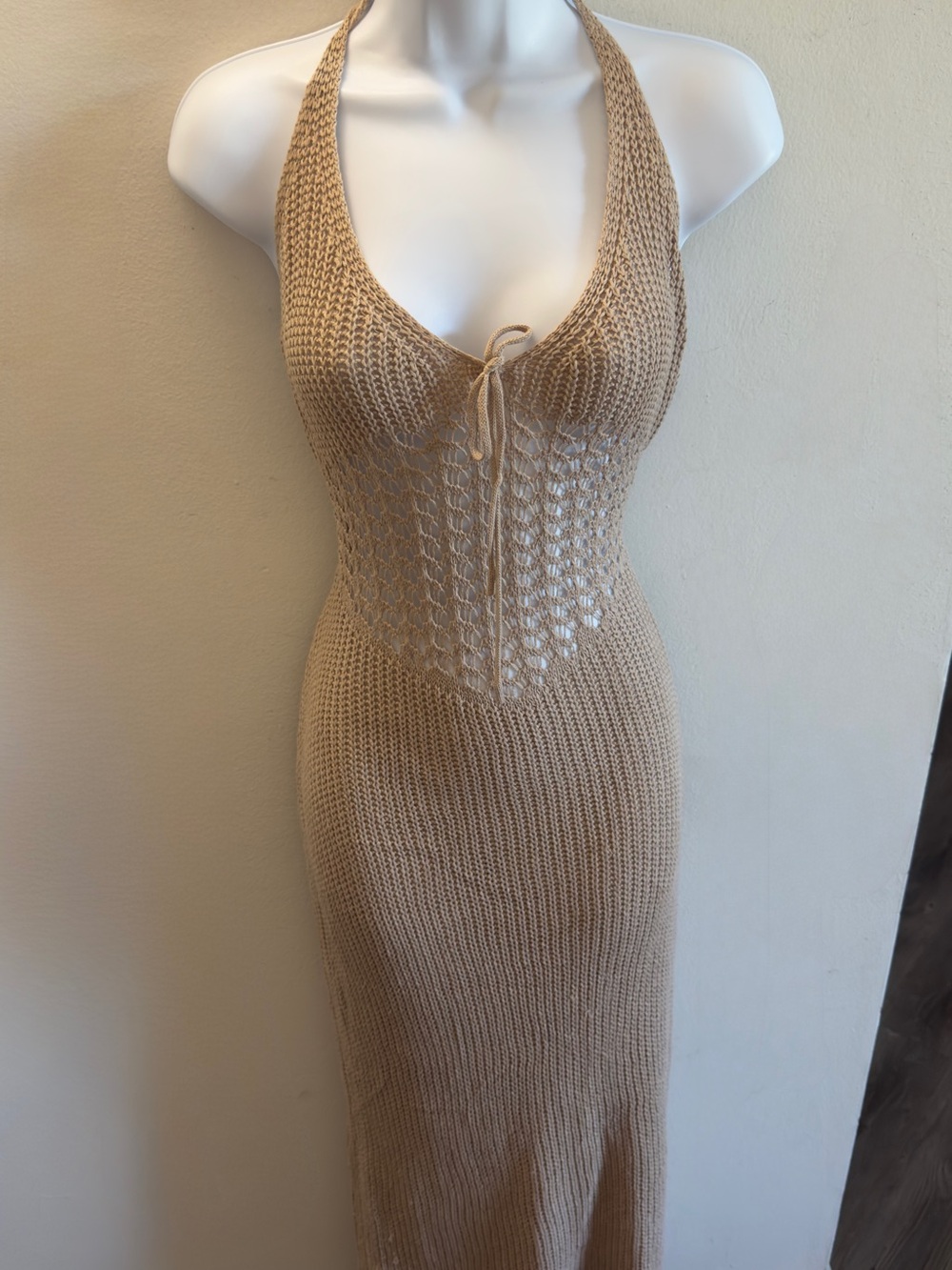 Others Follow Beige Crochet Halter Maxi Dress
